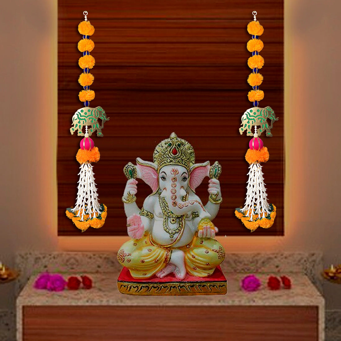 Artificial Marigold Flowers with Elephant Wall Hanging Latkans For Wall Decoration