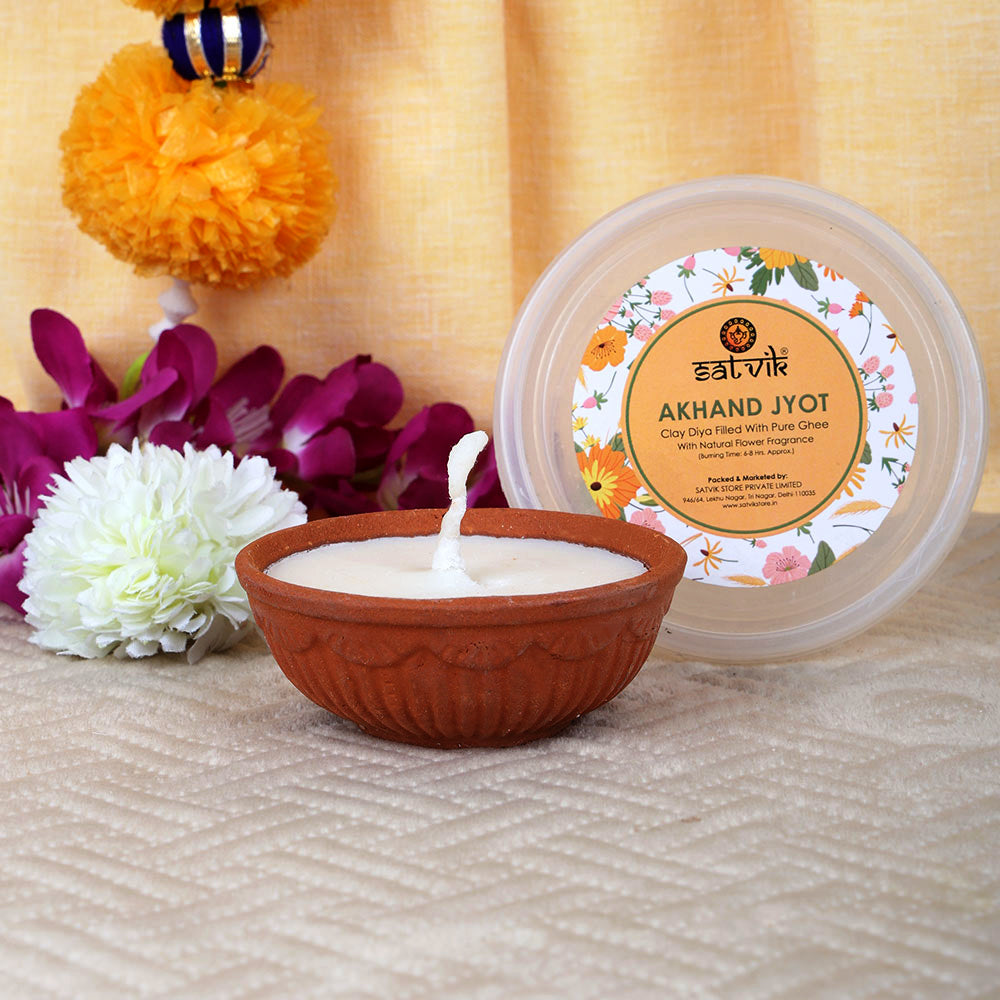 Satvik Pure Desi Ghee Akhand Jyot 6 to 8 Hours Burning Clay Diya Pack of 1