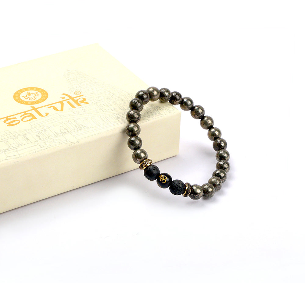 Om Raw Pyrite with Lava Bracelet Spiritual Healing Wear