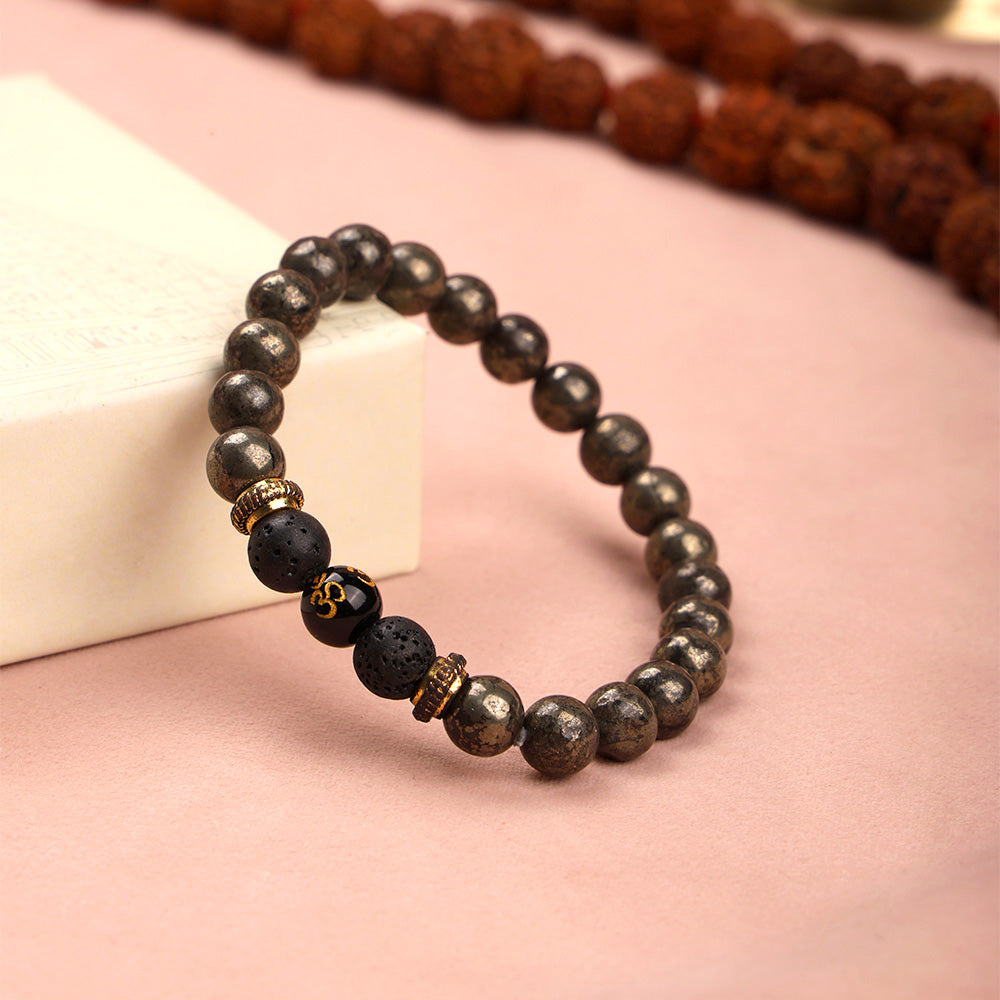 Om Raw Pyrite with Lava Bracelet Spiritual Healing Wear