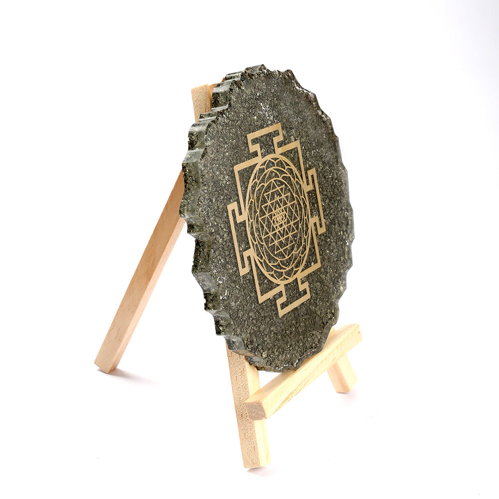 Pyrite Shree Yantra Frame Stand Spiritual Prosperity Tool