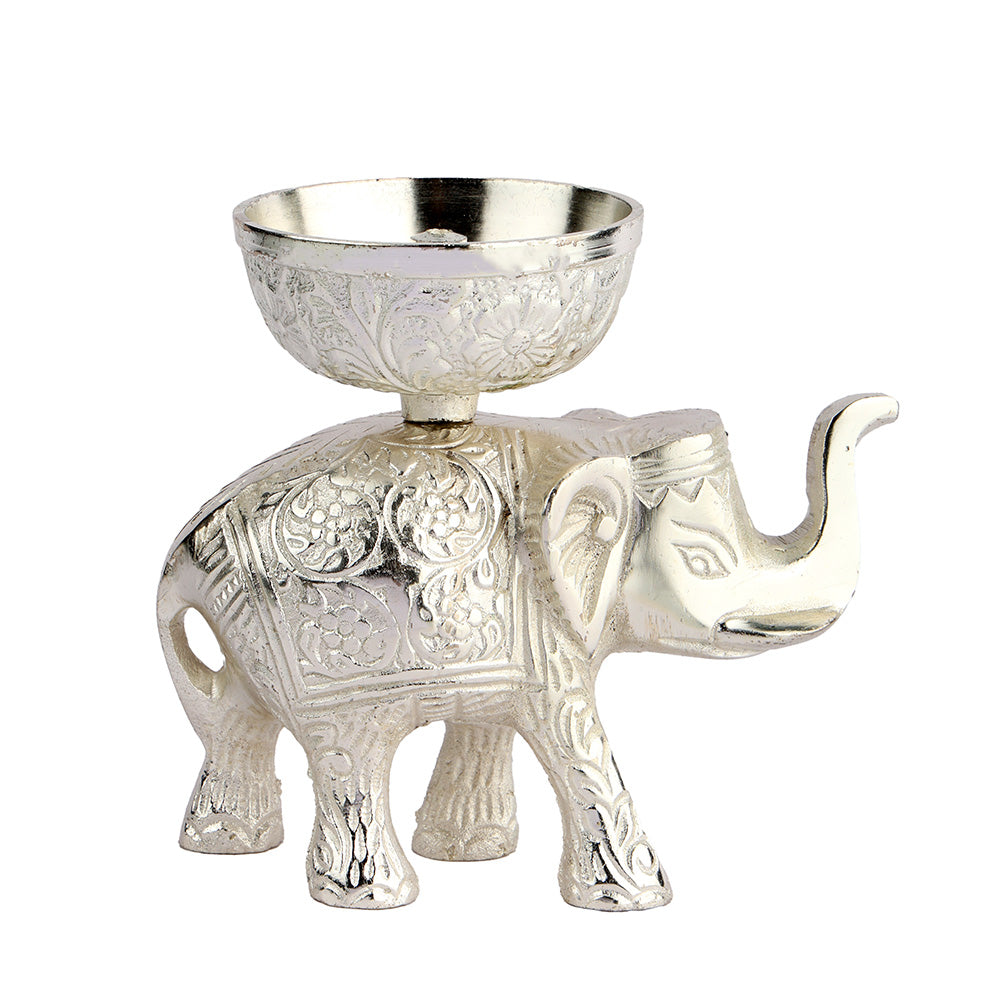 Elephant Oil Lamp Diya – Silver Plated Pooja Lamp Spiritual Use
