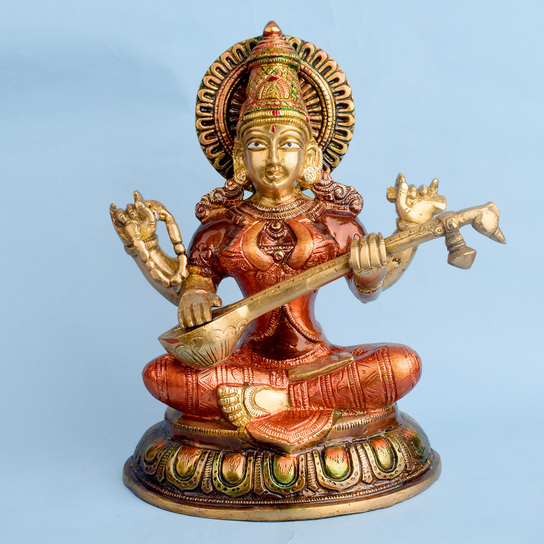 10.2 Inch Beautiful Brass Saraswati Idol | Saraswati Mata Murti Brass Statue featuring intricate detailing, perfect for spiritual home decor, temple worship, and devotional gifting. India’s Largest Brass Idols Brand - www.satvikstore.in