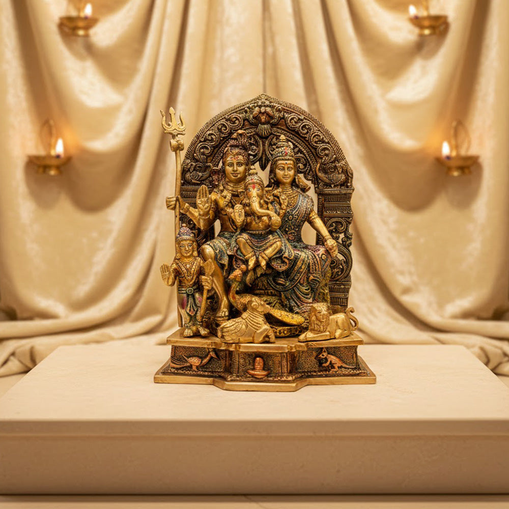 Shiv Idol of 11.8 Inch Handcrafted Brass Shiv Parivaar Statue featuring Lord Shiva, Parvati, Ganesha, and Kartikeya – Perfect for temple or home decor. India's Largest Puja Accessories Brand - Satvik No 1 Brass Idol Collection.