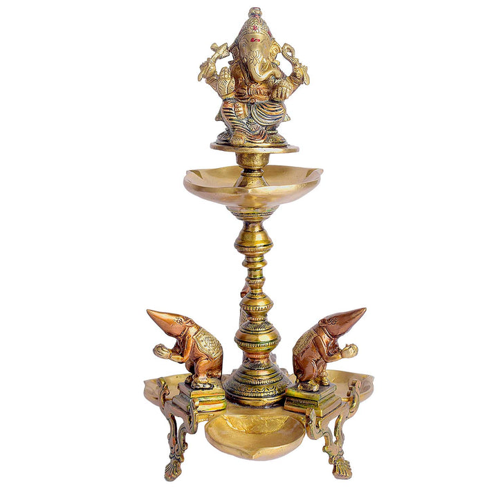 14.6 inch brass diya stand designed for pooja ceremonies, home temple décor, and spiritual ambiance. India’s Largest Brass Idols Brand - www.satvikstore.in