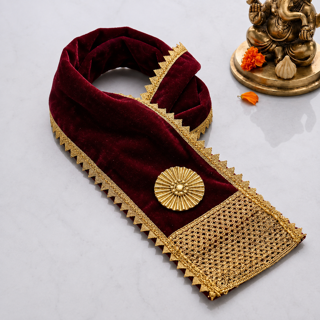 Premium Maroon Velvet Ganpati Idol Patka with Gold Medallion