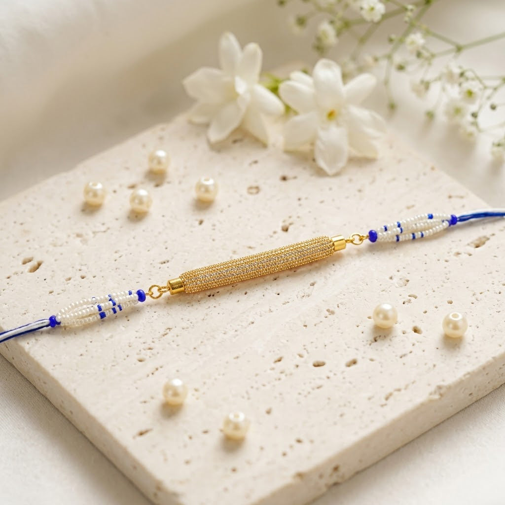 Premium Gold Rhinestone Bar Pearl Accent Designer Rakhi