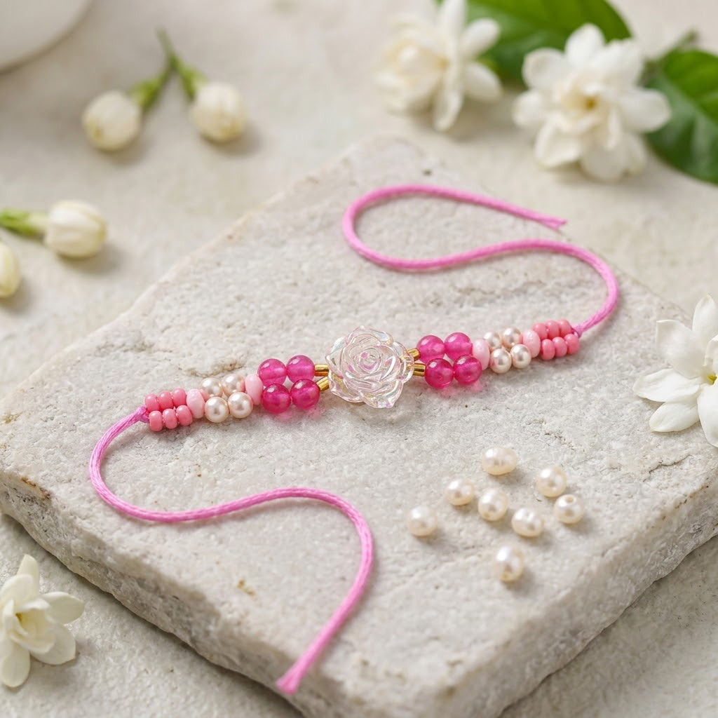 Aesthetic Clear Glass Rose Charm Beaded Designer Rakhi