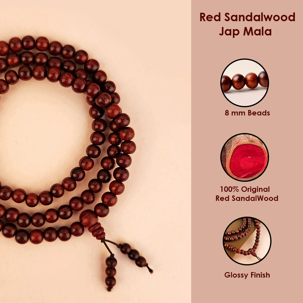 Certified 8mm 100% Original Authentic Pure Red Sandalwood Jap Mala (Andhra Pradesh)
