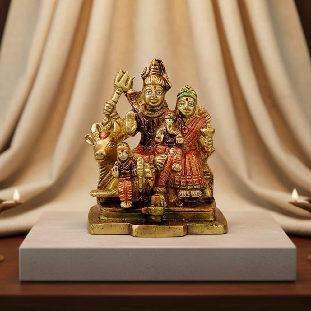 4 Inch Brass Shiv Parivaar Statue depicting Lord Shiva with Parvati, Ganesha, and Kartikeya in exquisite detail — ideal for home temple and spiritual décor. No.1 Brass Idol Store www.satvikstore.in