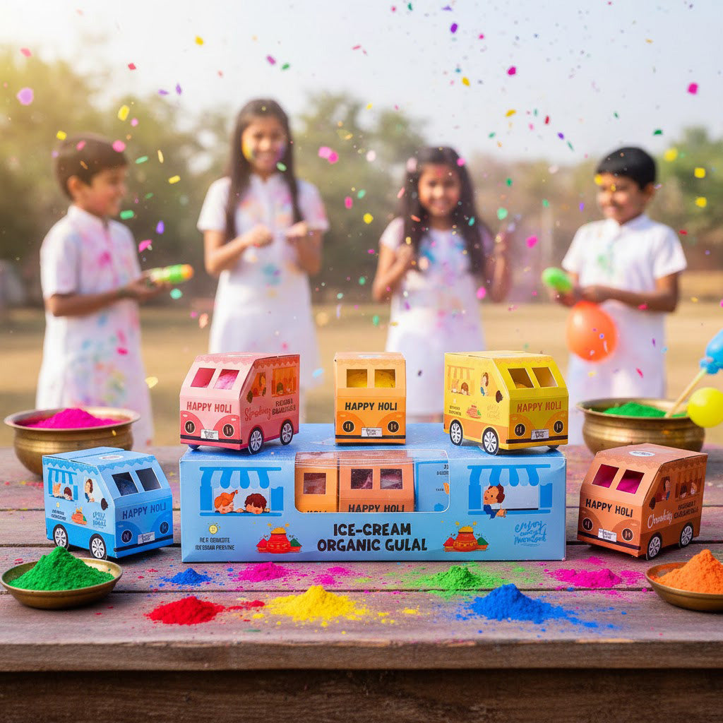 ICE-CREAME Organic Gulal Holi Colors Set of 10 with with Distinctive Car Box Packaging