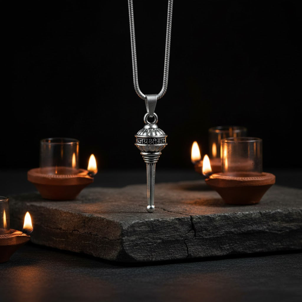 Silver Plated Hanuman Gada Pendant with “Jai Shree Ram” Engraving