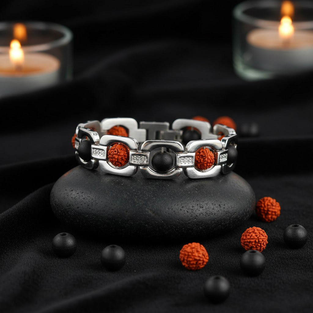 Silver Plated Rudraksha & Karungali Bracelet Unisex Spiritual Wear