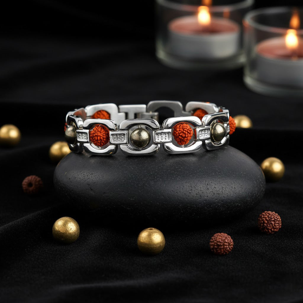 Silver Plated Pyrite & Rudraksha Bracelet Unisex Spiritual Wear
