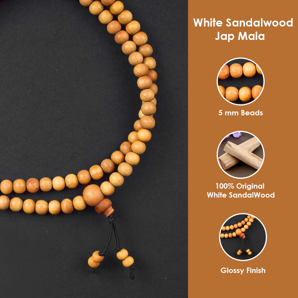Certified 5mm 100% Original Authentic Mysore White Sandalwood (Chandan) Jap Mala