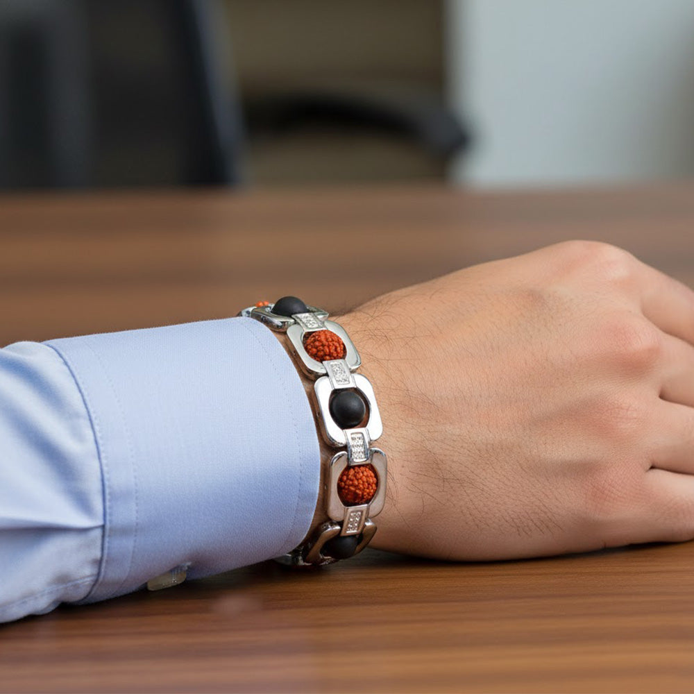 Silver Plated Rudraksha & Karungali Bracelet Unisex Spiritual Wear