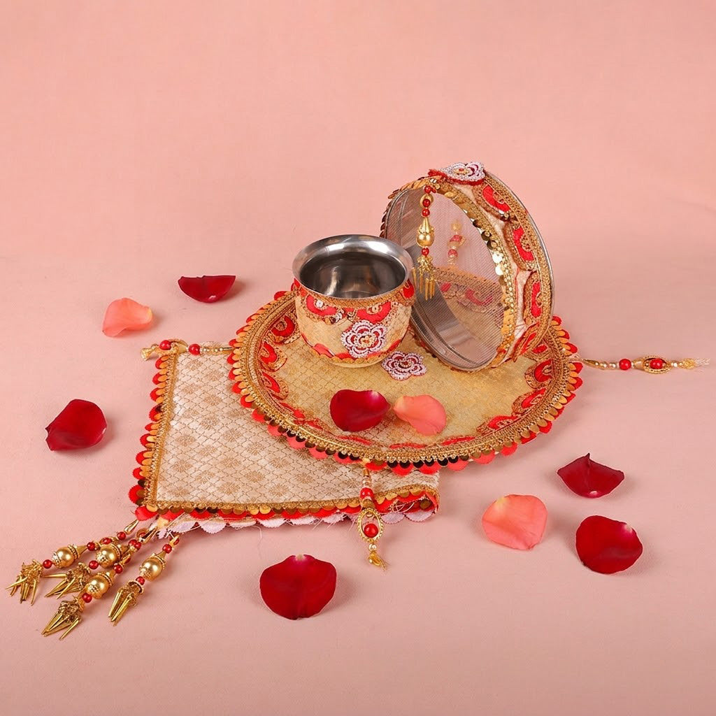 11 Pc Golden Grace Floral Karwa Chauth Thali Set