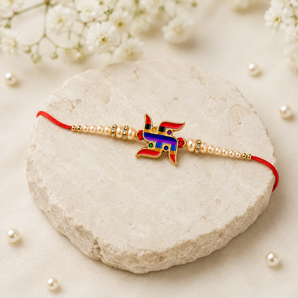 Multicolor Striped Swastik Emblem Golden Pearl Rakhi