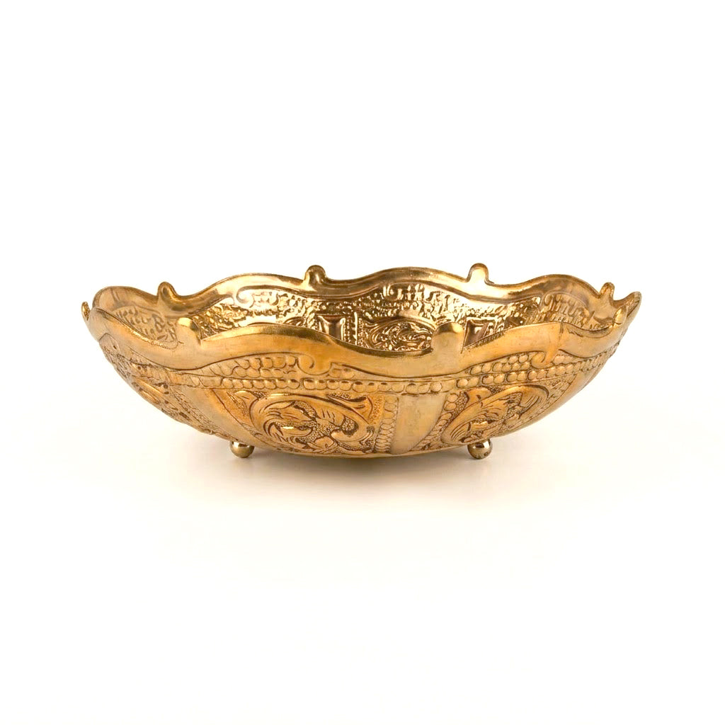 Antique Floral Embossed Decorative Brass Urli 9.5 Inch