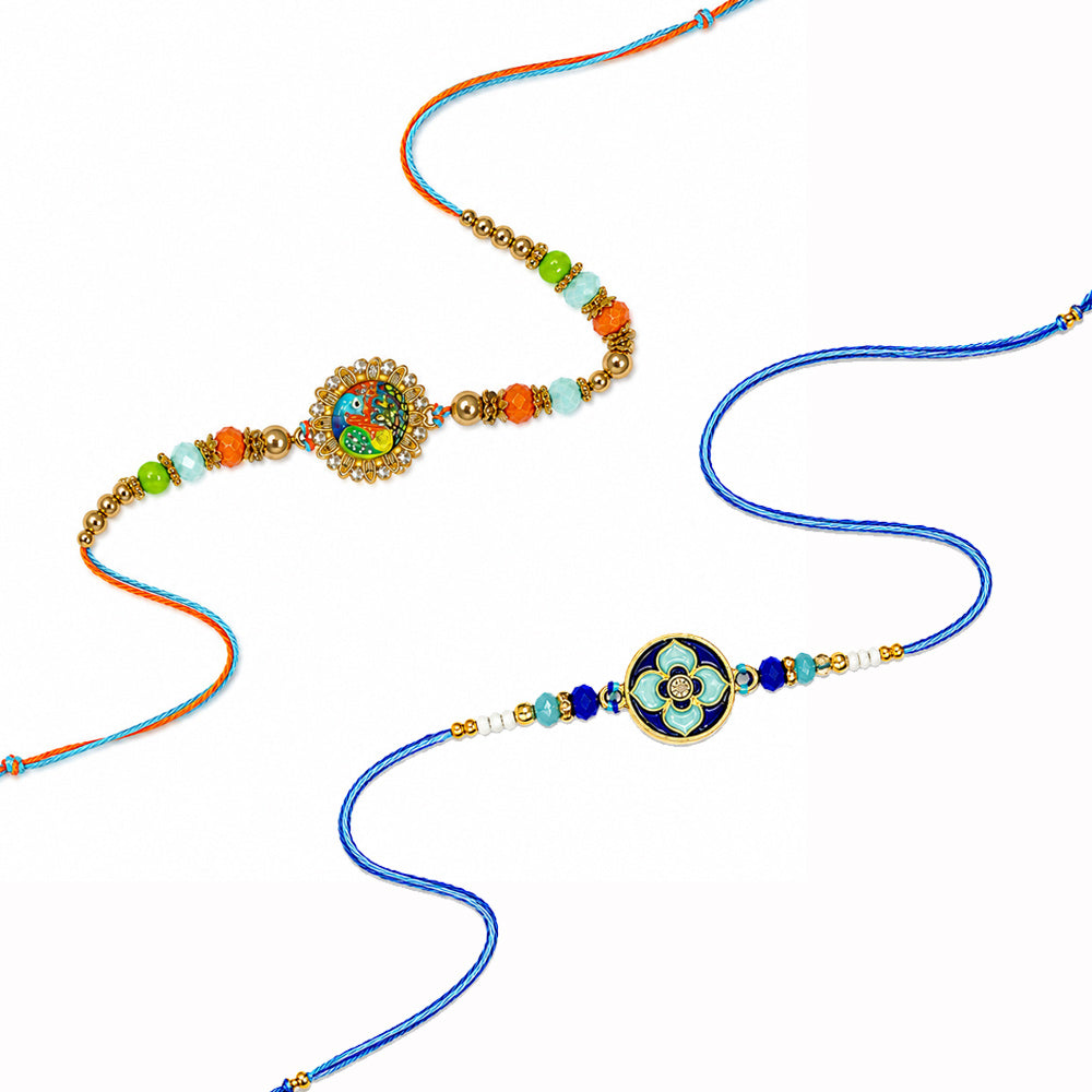Royal Blue Lotus Peacock Meenakari Rakhi (Set of 2)