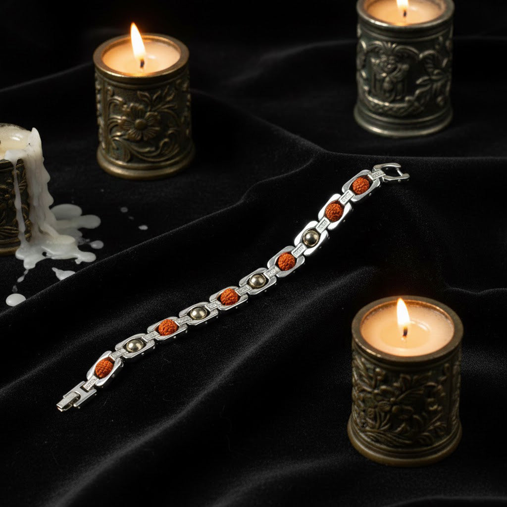 Silver Plated Pyrite & Rudraksha Bracelet Unisex Spiritual Wear