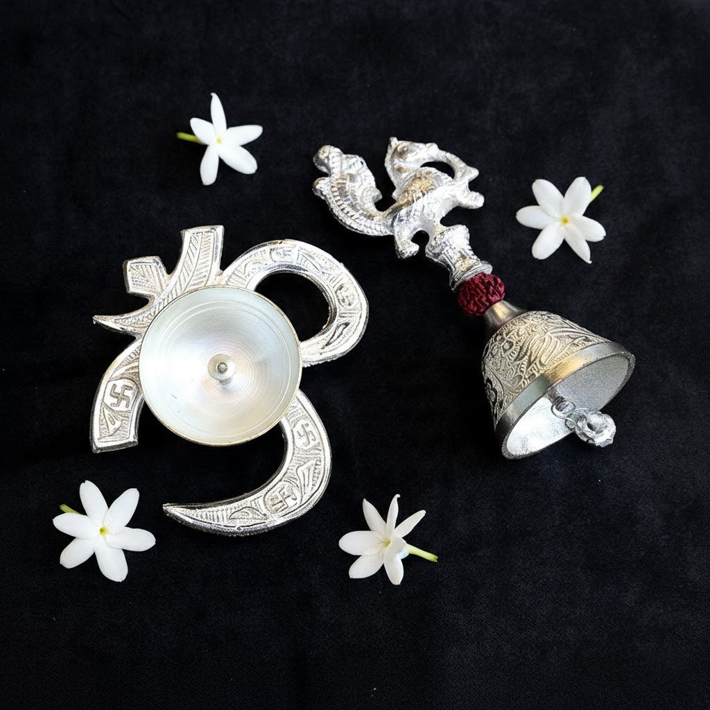 Silver Om Diya with Rudraksh Bell – Silver Plated Pooja Lamp Spiritual Use