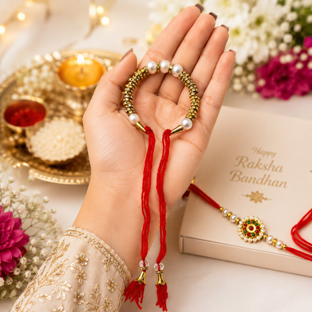 Gold Rhinestone Ring Pearl Lumba Rakhi