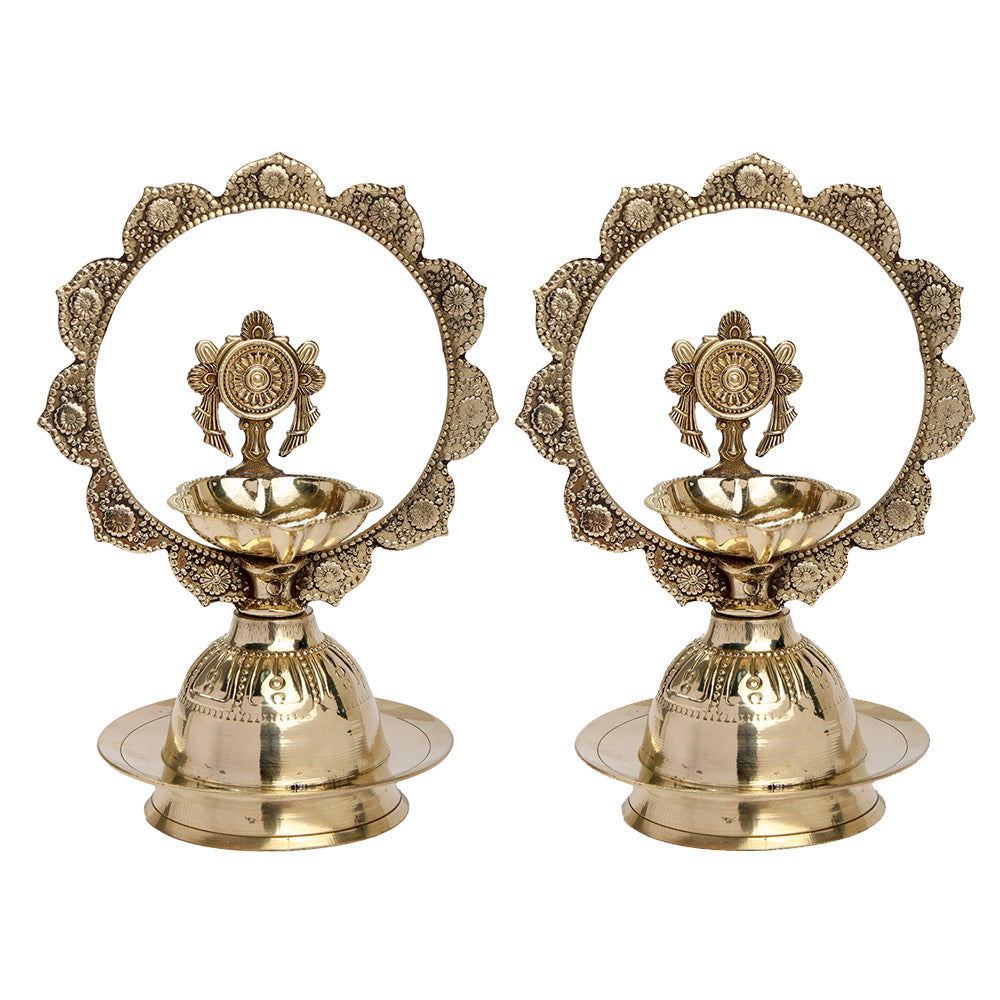 Brass Mor Kiran Chakra & Shankh Diya Pair 6.2 Inch