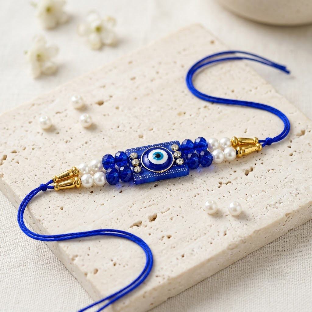 Handcrafted Dark Blue Evil Eye Motif Designer Rakhi