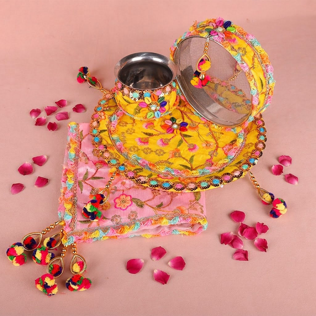 11 Pc Elegant Yellow & Pink Embroidery Karwa Chauth Thali Set