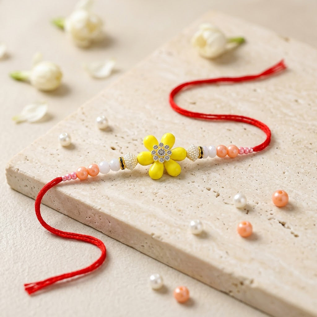 Vibrant Yellow Flower Medallion Peach Coral Bead Rakhi