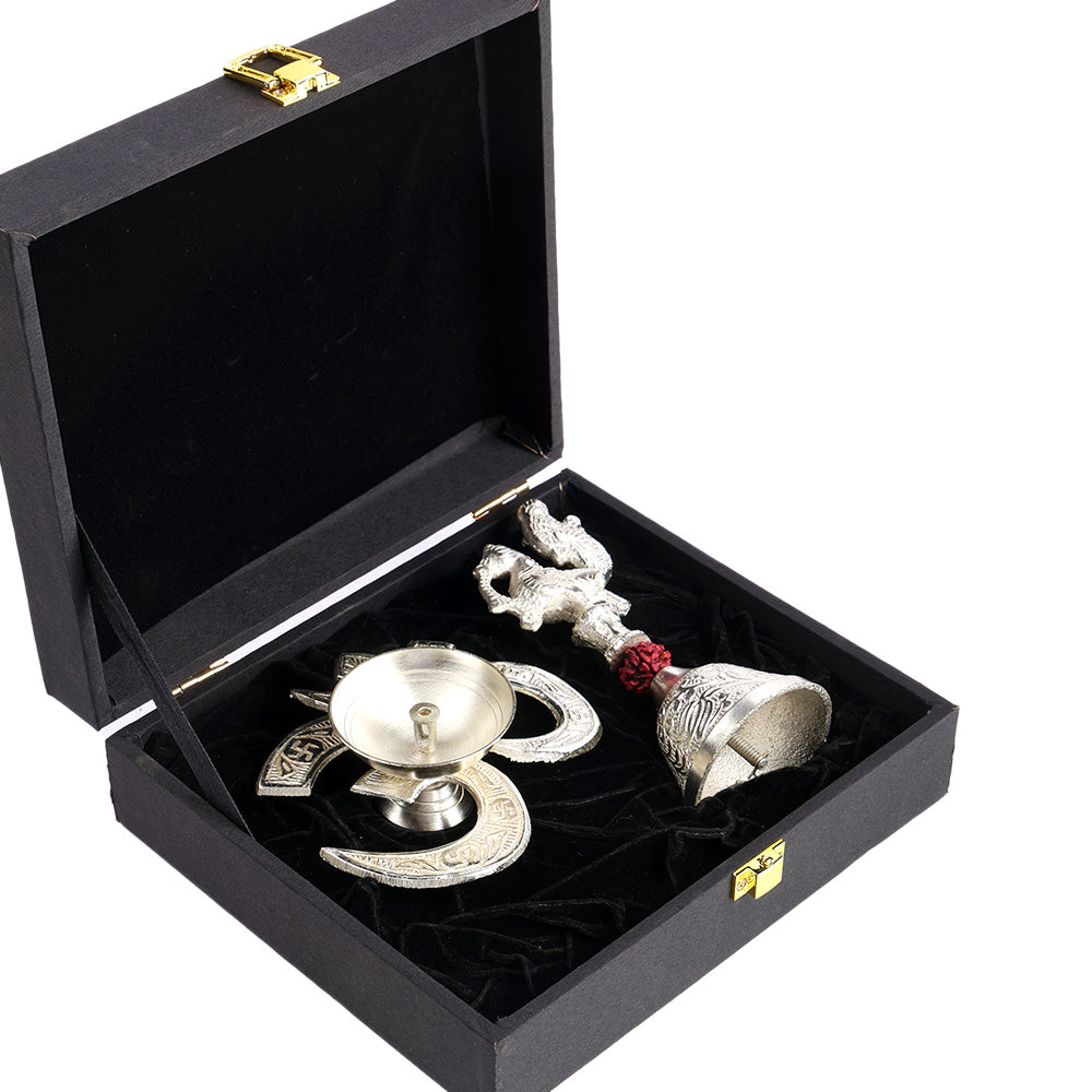 Silver Om Diya with Rudraksh Bell – Silver Plated Pooja Lamp Spiritual Use