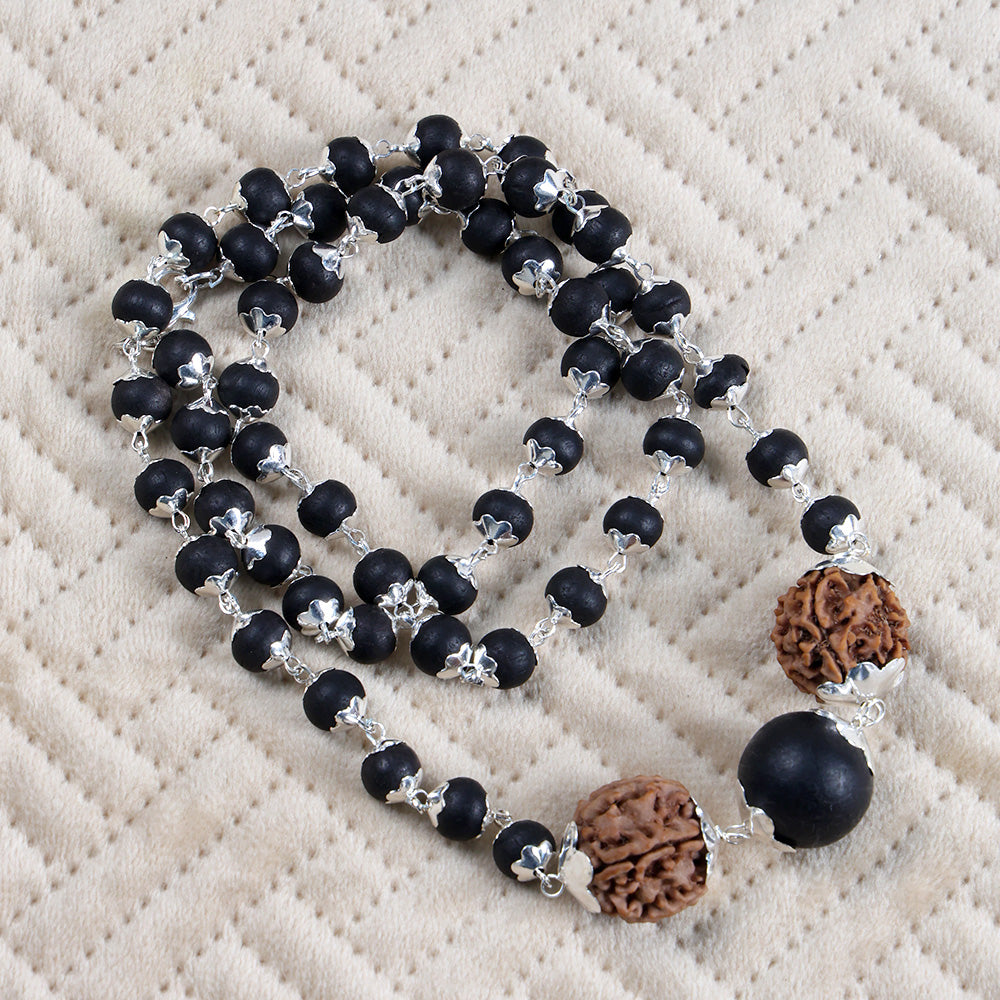 Silver Plated Karungali Mala 8mm with Rudraksha Govt Certified