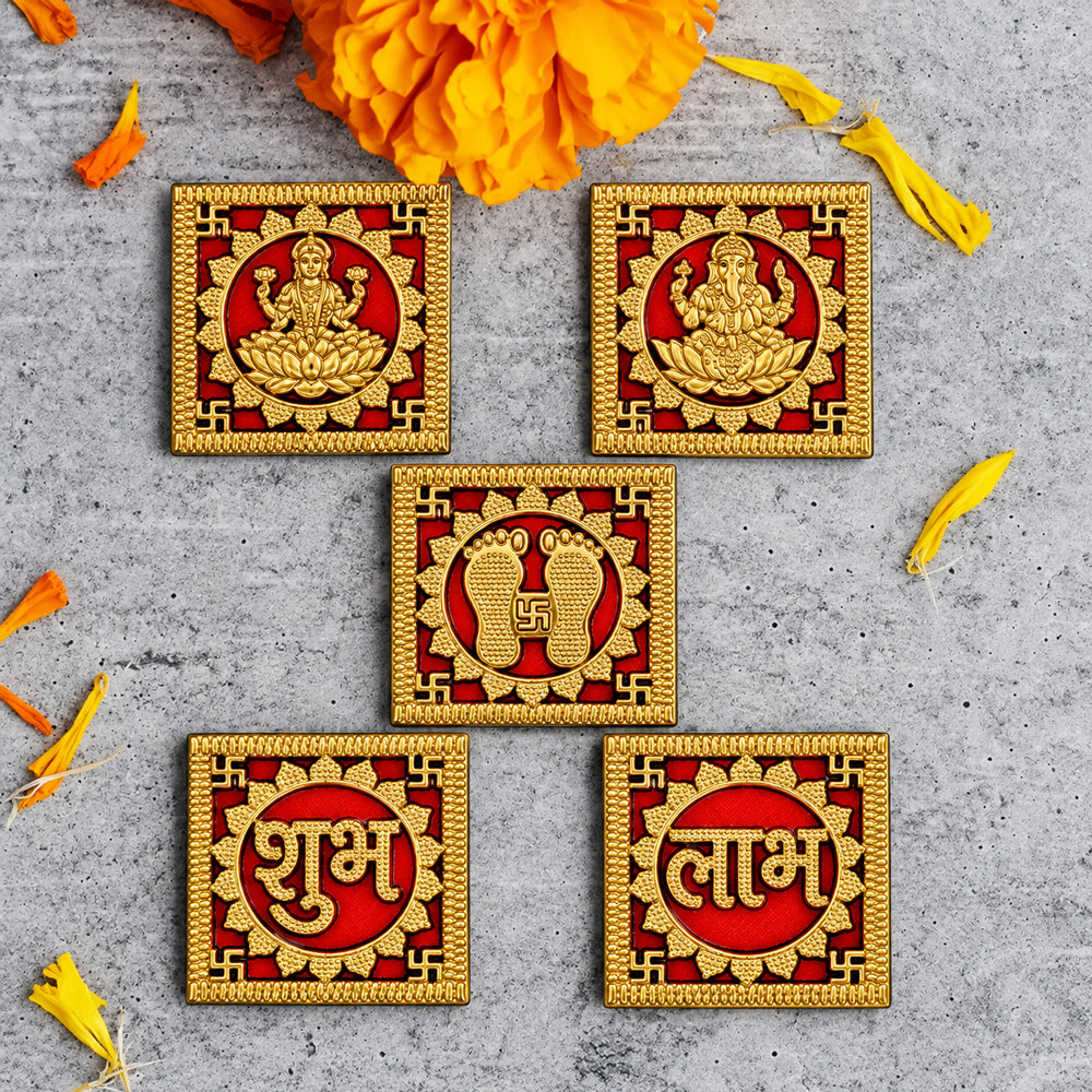 Ornate Square Golden Shubh Labh and Divine Symbols Sticker