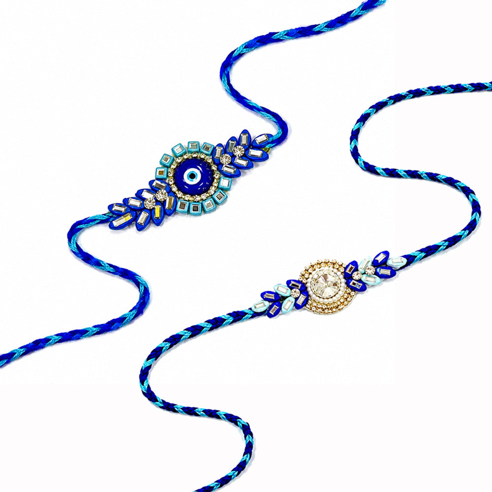 Royal Blue Evil Eye Solitaire Crystal Designer Rakhi (Set of 2)