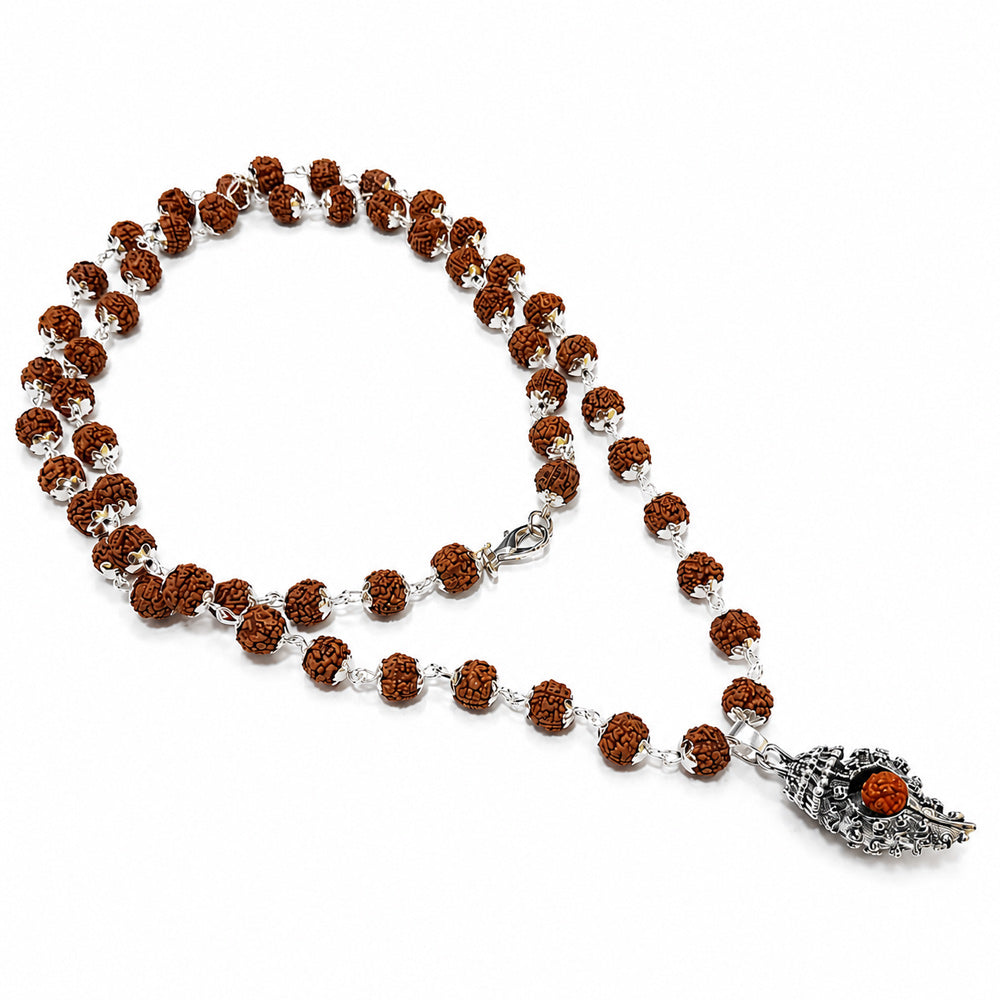 5 Mukhi Rudraksha Mala with Silver-Toned Sumeru Pendant