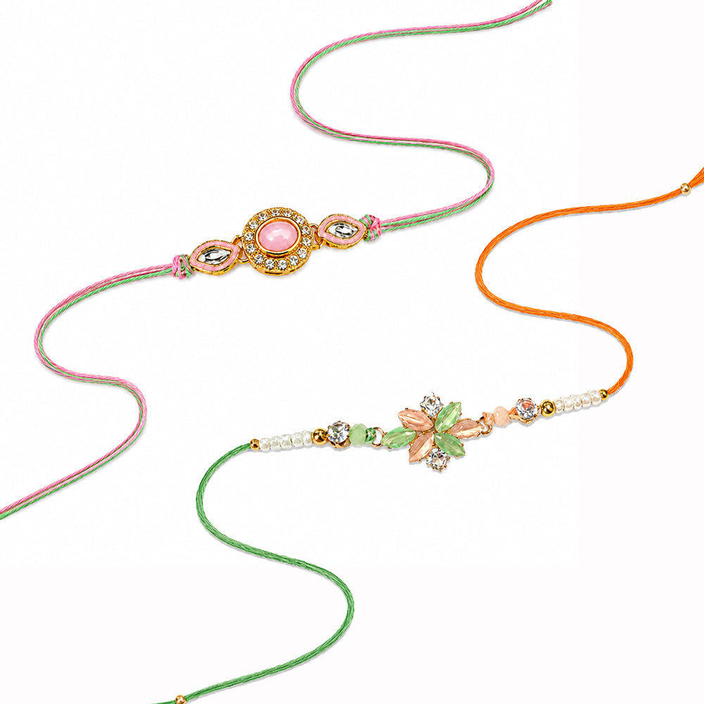 Pastel Pink Oval Stone Floral Cluster Designer Rakhi (Set of 2)