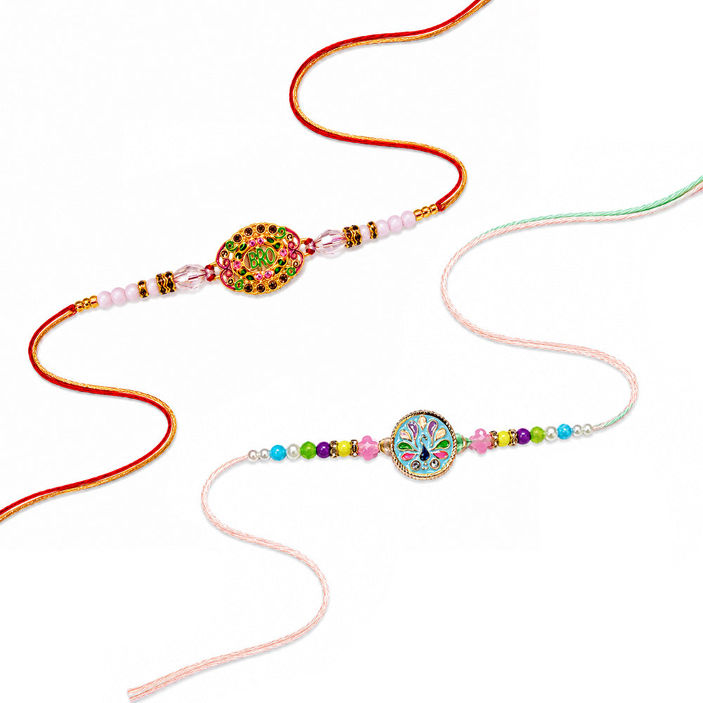 BRO Text Dial and Peacock Meenakari Designer Rakhi (Set of 2)