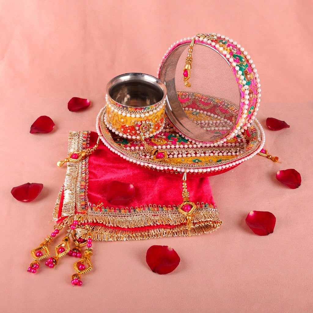 11 Pc Deep Pink Embroidery Karwa Chauth Thali Set