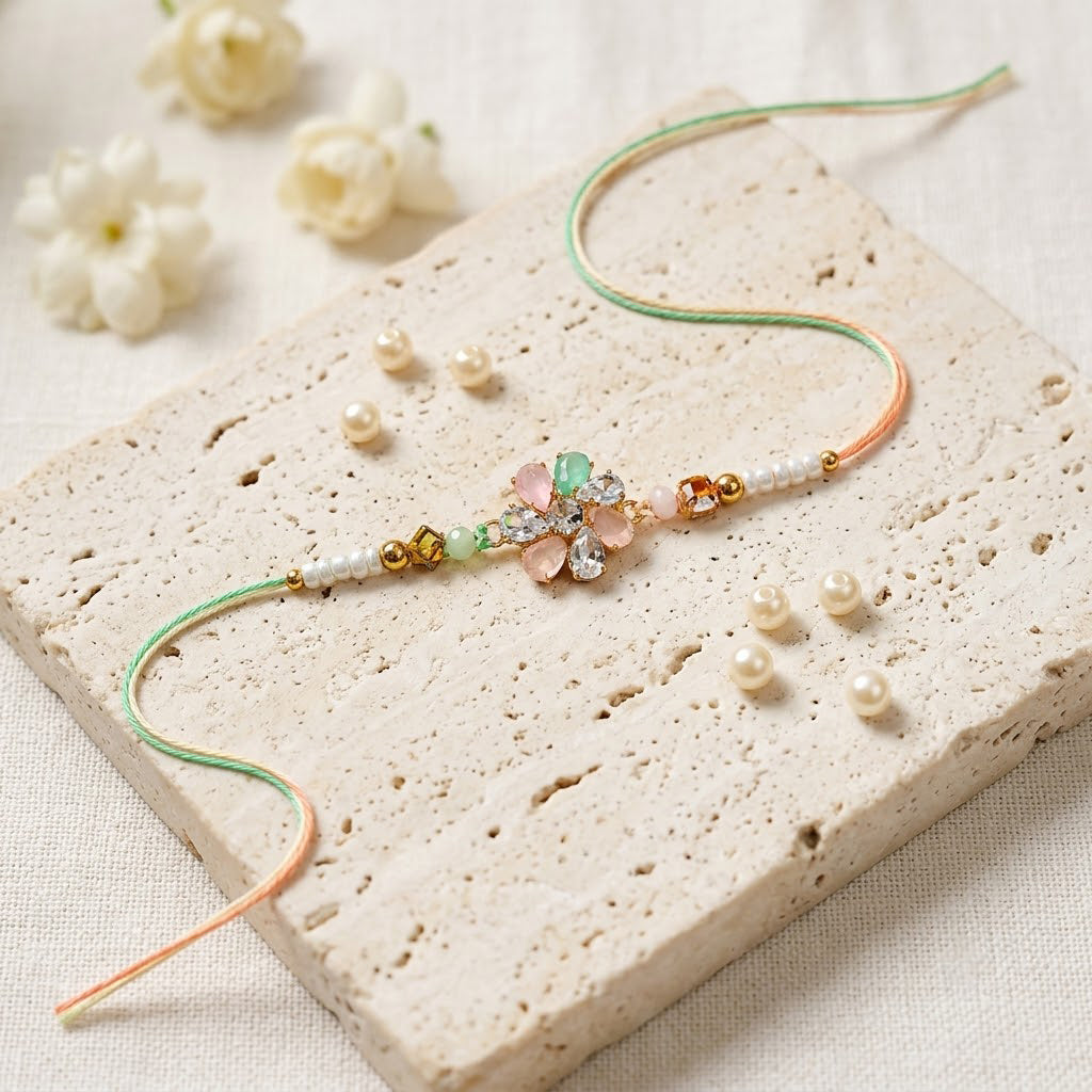 Green and Peach Crystal Floral Emblem Pastel Stones Rakhi
