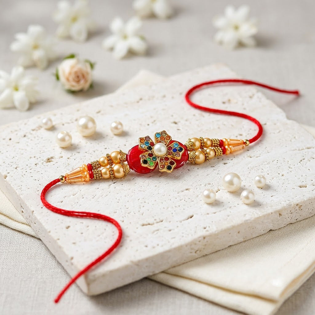 Multicolor Stone Floral Motif Golden Pearl Beaded Rakhi