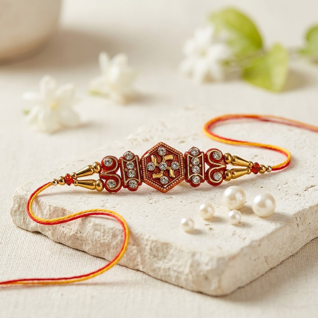 Traditional Divine Swastik Symbol Crystal Studded Rakhi
