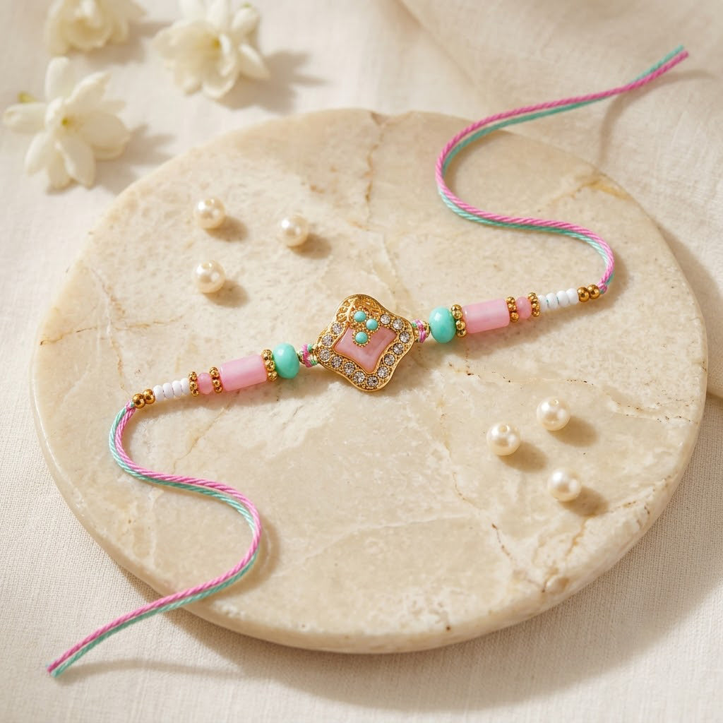 Elegant Pastel Pink and Mint Green Crystal Designer Rakhi