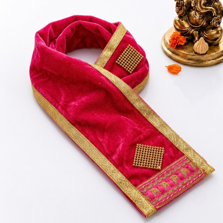 Premium Pink Velvet Ganpati Idol Patka with Beaded Work - 15 Inch