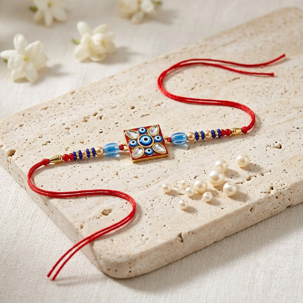 Red and Blue Beaded Square Evil Eye Medallion Rakhi