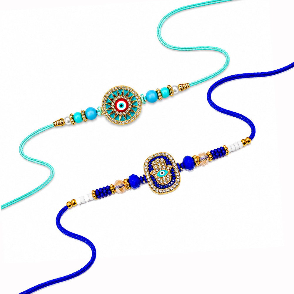 Turquoise Evil Eye and Hamsa Hand Designer Rakhi (Set of 2)