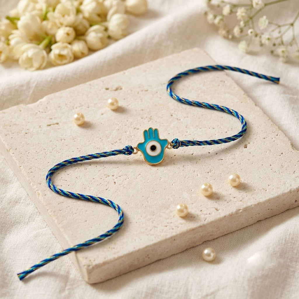 Turquoise and Gold Hamsa Motif Evil Eye Rakhi