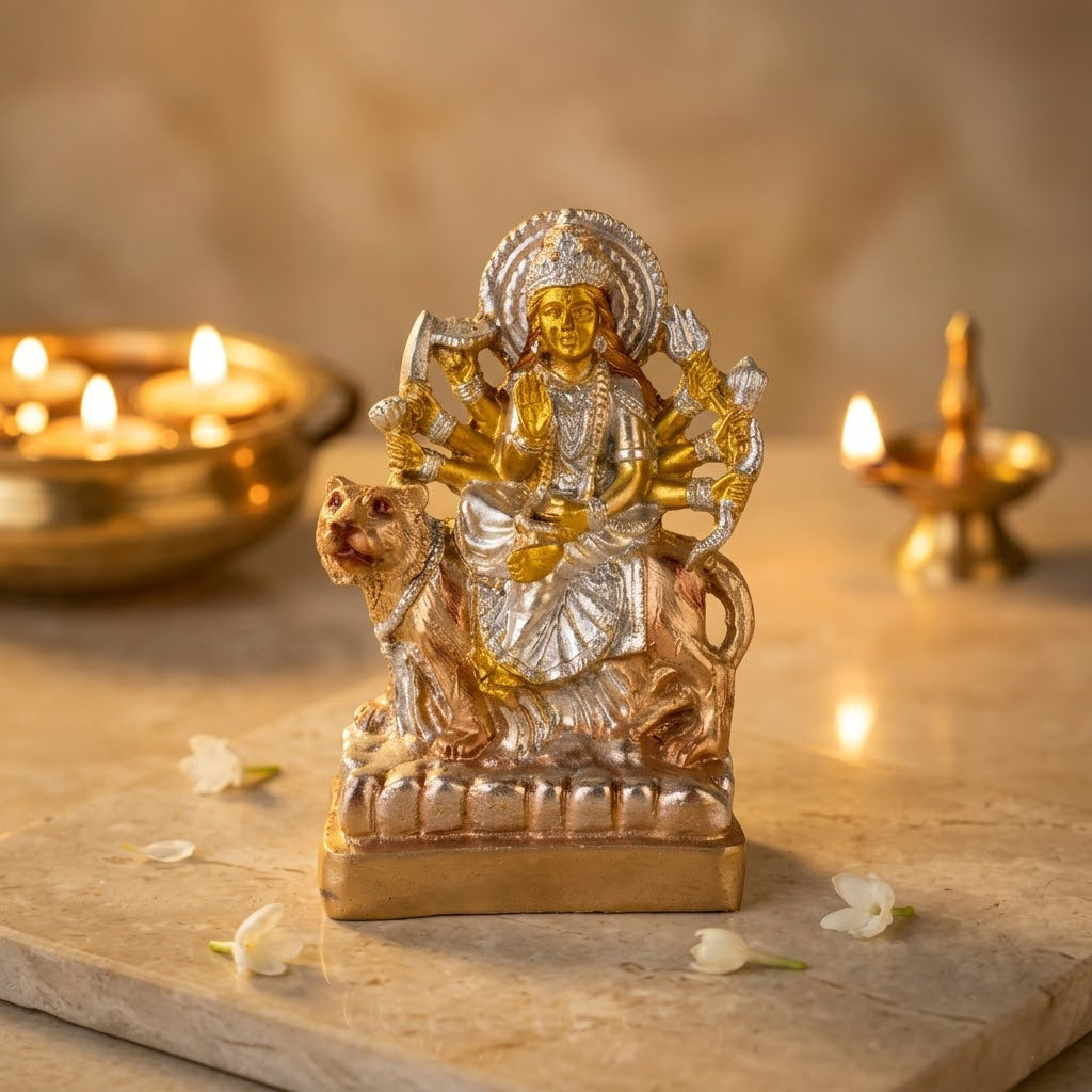Premium Silver & Gold Sherawali Mata Resin Statue