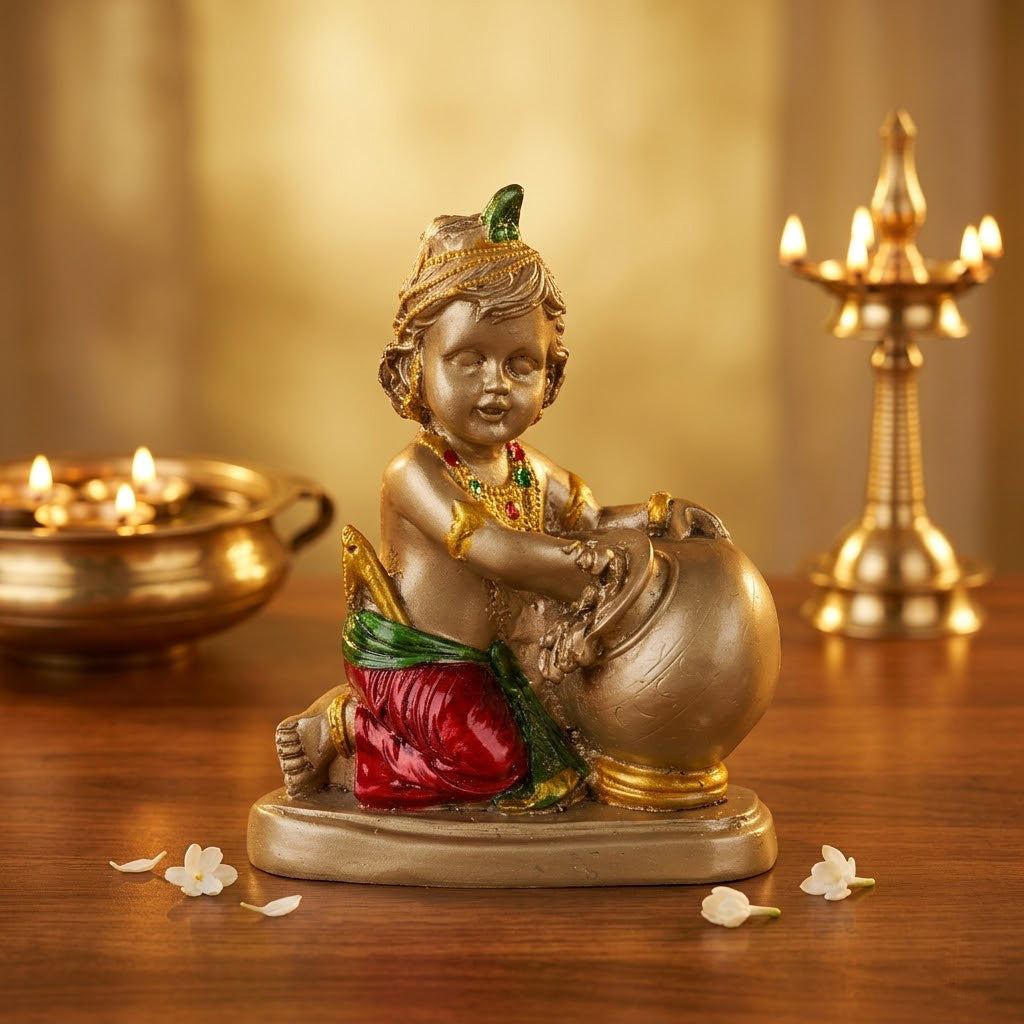 Premium Gold Crimson & Emerald Laddu Gopal Resin Statue