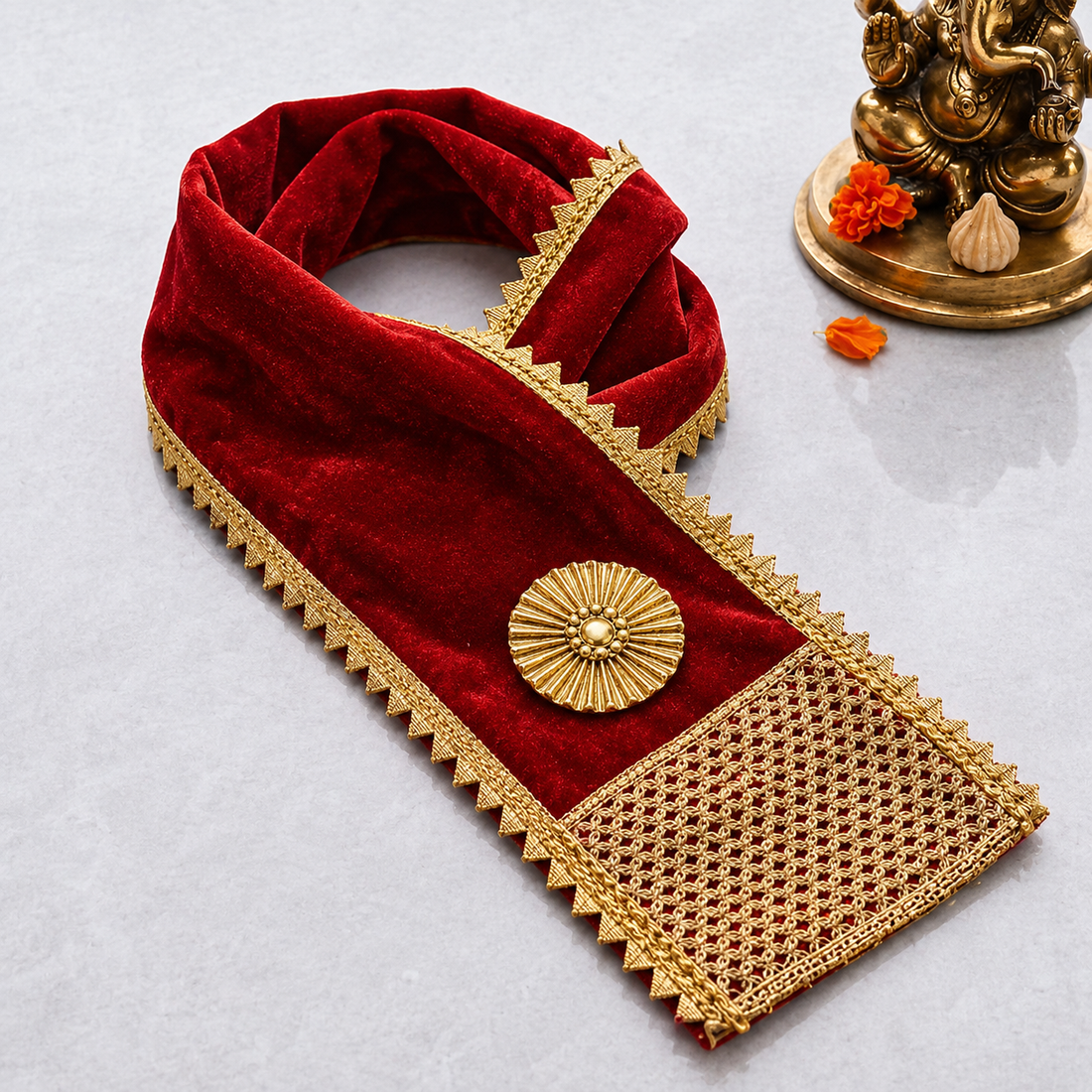 Designer Red Velvet Ganpati Idol Patka with Zig-Zag Border